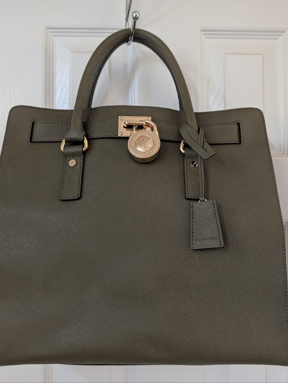 Michael Kors Olive Saffiano Satchel with Gold-Tone Lock